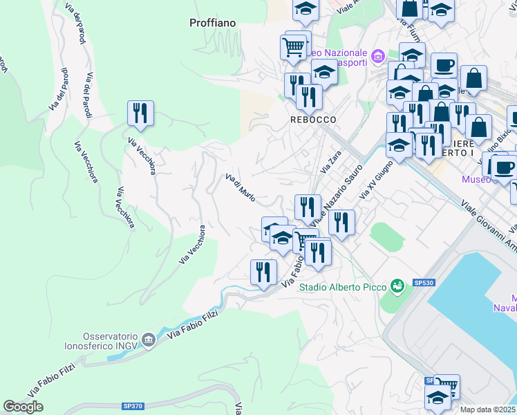 map of restaurants, bars, coffee shops, grocery stores, and more near 35 Via di Murlo in La Spezia