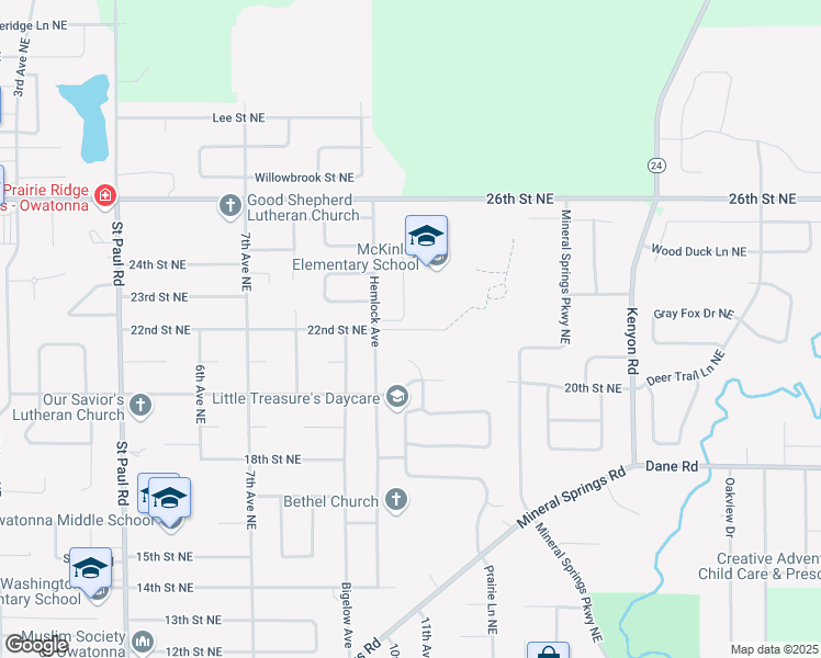 map of restaurants, bars, coffee shops, grocery stores, and more near 1050 22nd Street Northeast in Owatonna