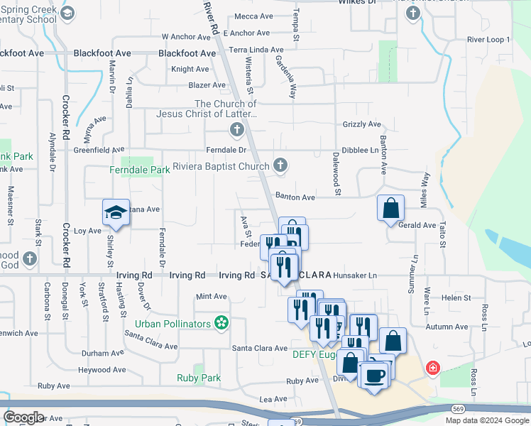 map of restaurants, bars, coffee shops, grocery stores, and more near 2940 River Road in Eugene
