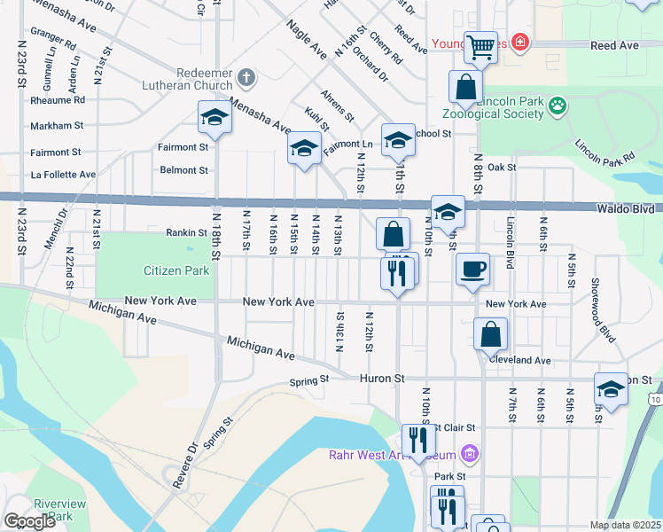 map of restaurants, bars, coffee shops, grocery stores, and more near 927 North 13th Street in Manitowoc