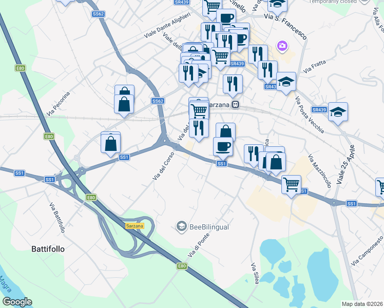 map of restaurants, bars, coffee shops, grocery stores, and more near 87 Via Variante Aurelia in Sarzana