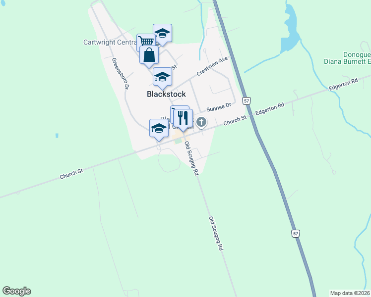 map of restaurants, bars, coffee shops, grocery stores, and more near 13940 Old Scugog Road in Blackstock