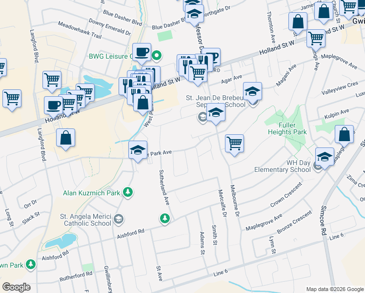 map of restaurants, bars, coffee shops, grocery stores, and more near 296 Miller Park Avenue in Bradford West Gwillimbury