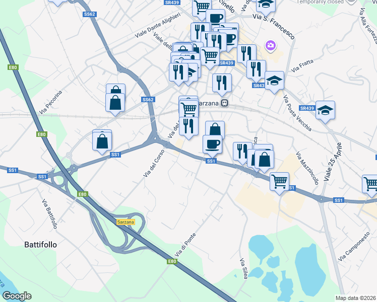 map of restaurants, bars, coffee shops, grocery stores, and more near 87 Via Variante Aurelia in Sarzana