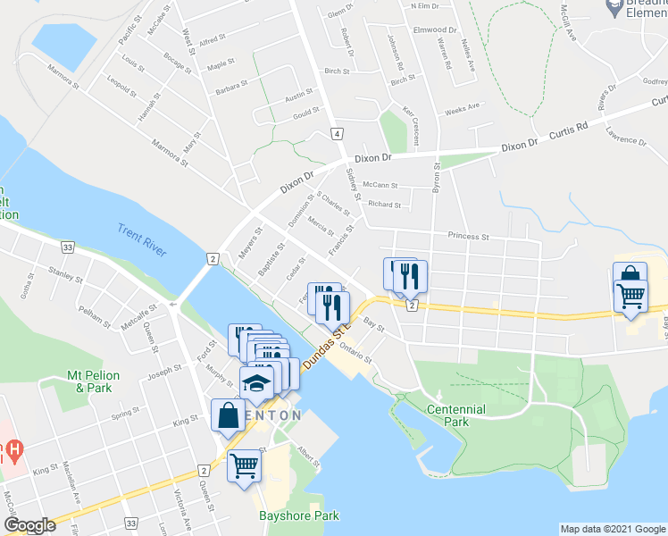 map of restaurants, bars, coffee shops, grocery stores, and more near 36 Marmora Street in Quinte West
