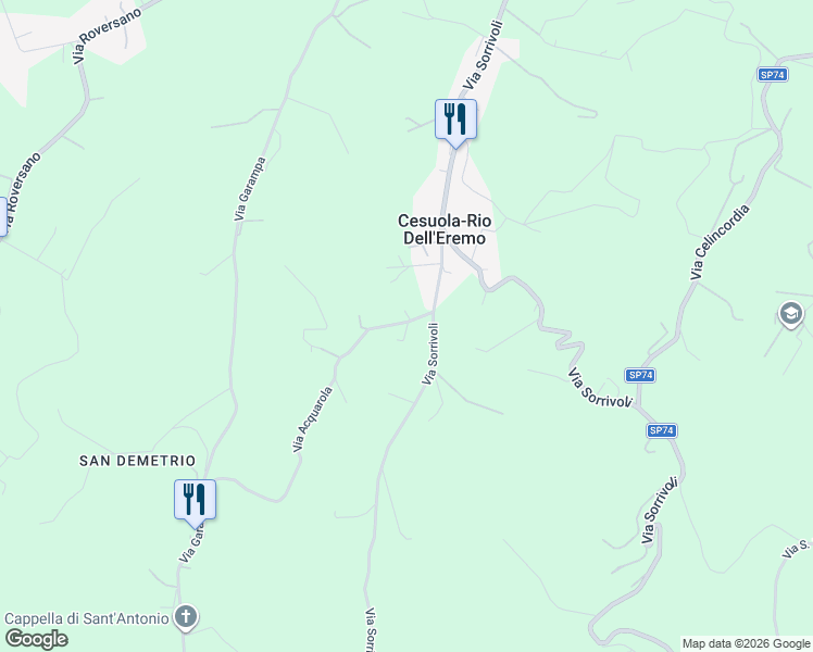 map of restaurants, bars, coffee shops, grocery stores, and more near 415 Via Acquarola in Provincia di Forlì-Cesena