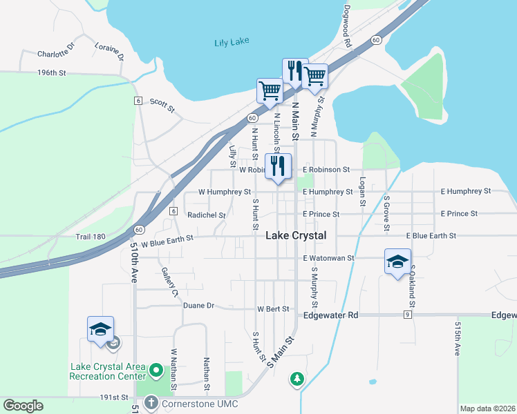 map of restaurants, bars, coffee shops, grocery stores, and more near 122 South Hunt Street in Lake Crystal