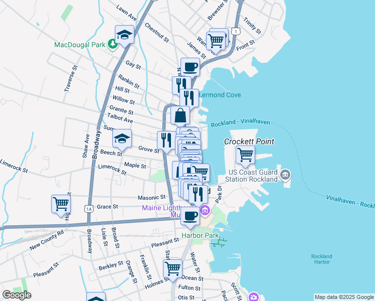 map of restaurants, bars, coffee shops, grocery stores, and more near 488 Main Street in Rockland