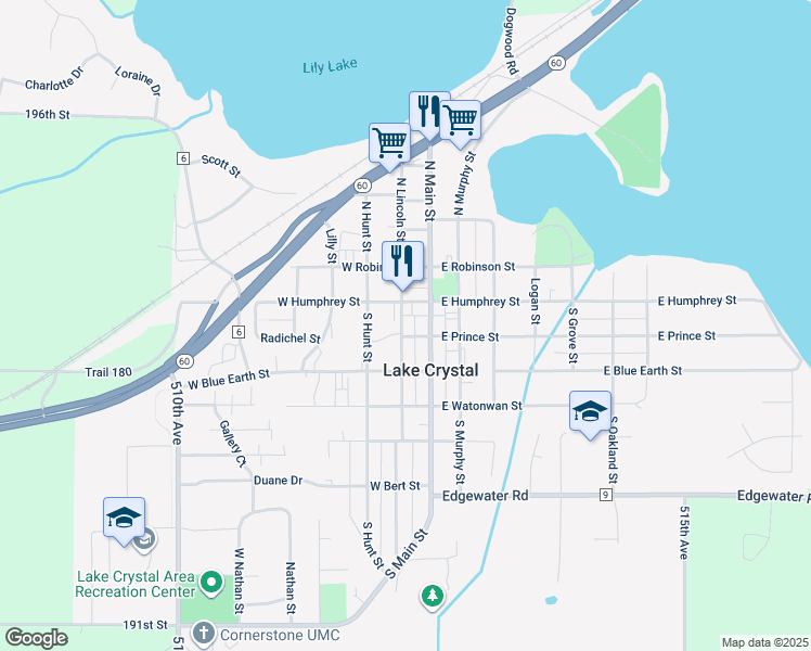 map of restaurants, bars, coffee shops, grocery stores, and more near 111 South Lincoln Street in Lake Crystal