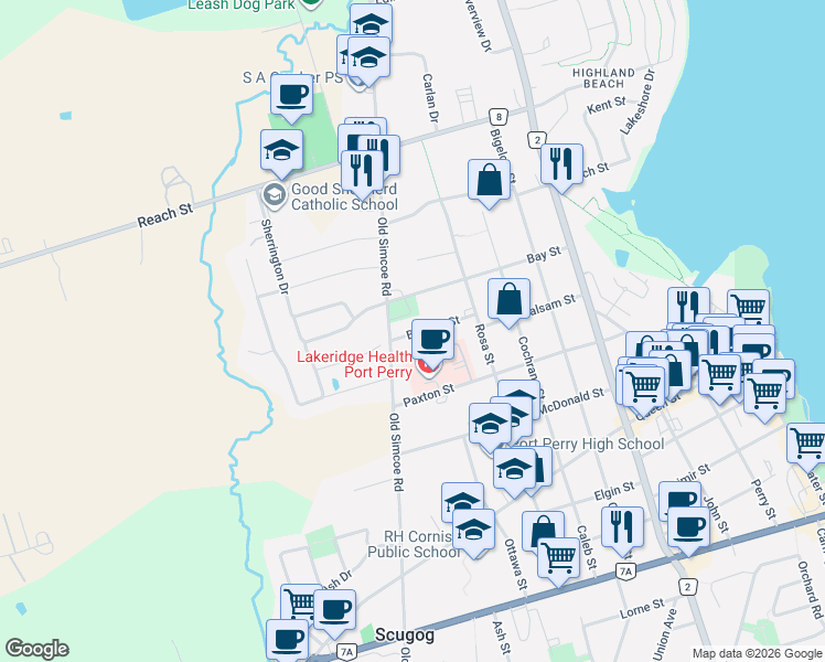 map of restaurants, bars, coffee shops, grocery stores, and more near 481 Balsam Street in Port Perry