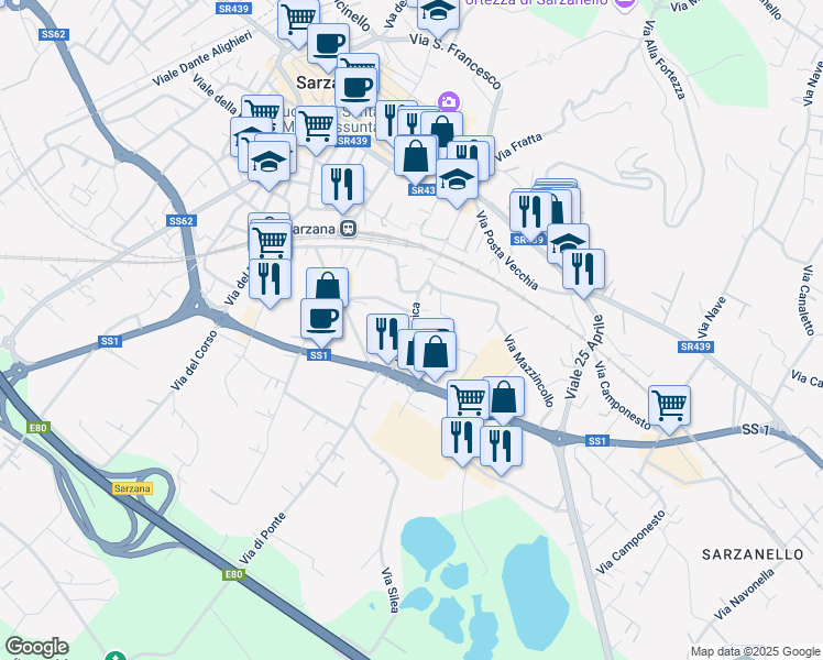 map of restaurants, bars, coffee shops, grocery stores, and more near 10 Via Chiavica in Sarzana