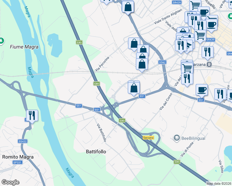 map of restaurants, bars, coffee shops, grocery stores, and more near 171A Via Brigata Partigiana Ugo Muccini in Sarzana
