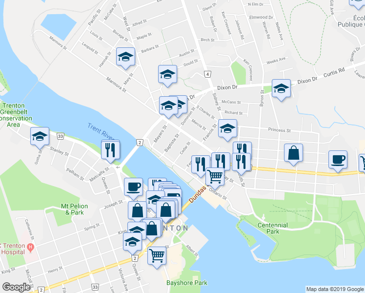 map of restaurants, bars, coffee shops, grocery stores, and more near 26 Cedar Street in Quinte West
