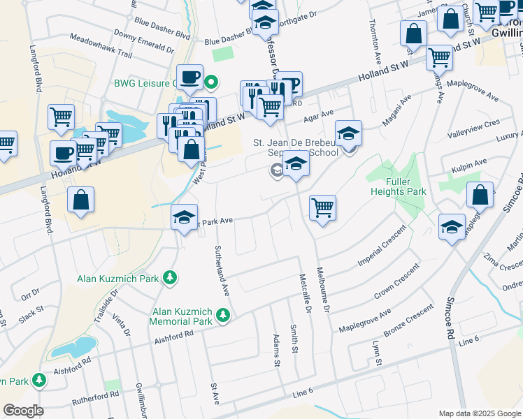 map of restaurants, bars, coffee shops, grocery stores, and more near 284 Miller Park Avenue in Bradford West Gwillimbury