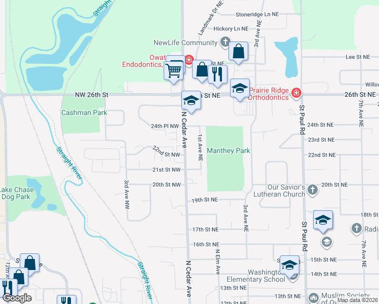 map of restaurants, bars, coffee shops, grocery stores, and more near 2429 North Cedar Avenue in Owatonna