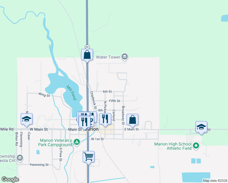 map of restaurants, bars, coffee shops, grocery stores, and more near 300 6th Street in Marion