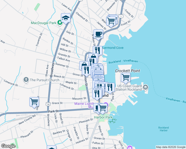 map of restaurants, bars, coffee shops, grocery stores, and more near 488 Main Street in Rockland