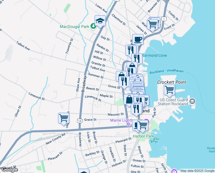 map of restaurants, bars, coffee shops, grocery stores, and more near 35 Beech Street in Rockland