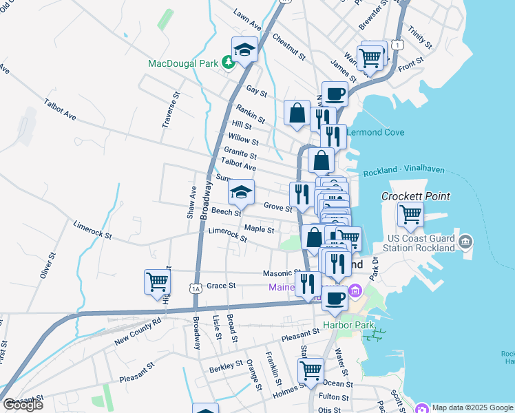 map of restaurants, bars, coffee shops, grocery stores, and more near 35 Beech Street in Rockland