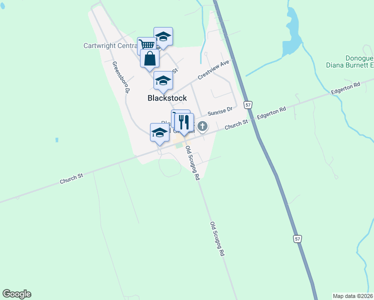 map of restaurants, bars, coffee shops, grocery stores, and more near 13940 Old Scugog Road in Blackstock