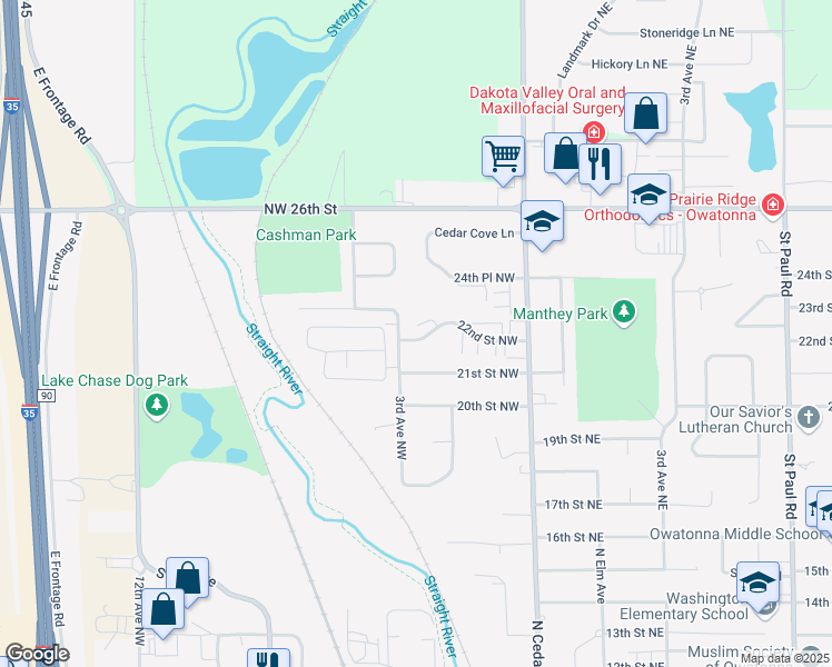 map of restaurants, bars, coffee shops, grocery stores, and more near 290 22nd Street Northwest in Owatonna