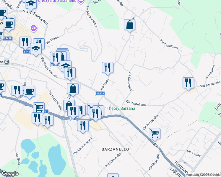 map of restaurants, bars, coffee shops, grocery stores, and more near 4 Via Nave in Sarzana