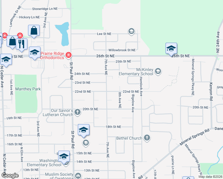 map of restaurants, bars, coffee shops, grocery stores, and more near 705 22nd Street Northeast in Owatonna
