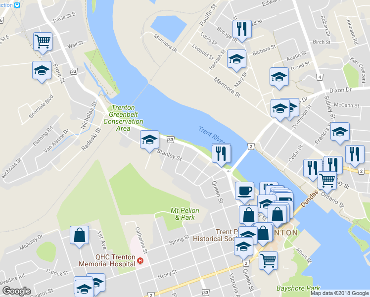 map of restaurants, bars, coffee shops, grocery stores, and more near 19 Alberta Street in Quinte West