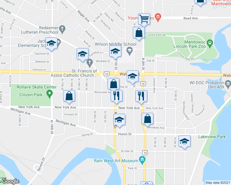 map of restaurants, bars, coffee shops, grocery stores, and more near 998 North 11th Street in Manitowoc