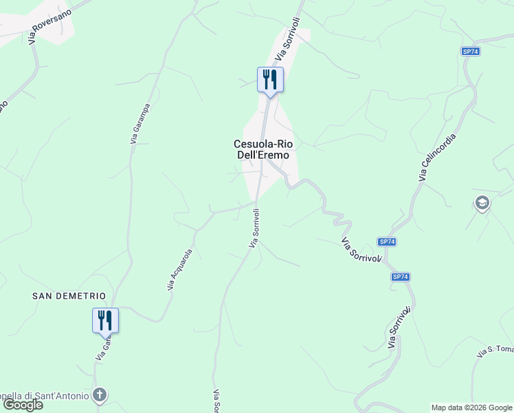 map of restaurants, bars, coffee shops, grocery stores, and more near 415 Via Acquarola in Provincia di Forlì-Cesena