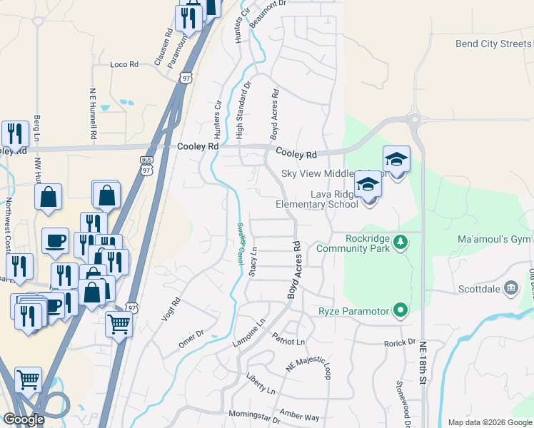 map of restaurants, bars, coffee shops, grocery stores, and more near 20693 Nicolette Drive in Bend