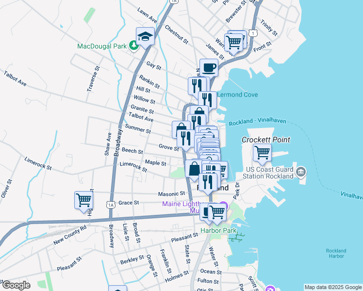 map of restaurants, bars, coffee shops, grocery stores, and more near 17 Lindsey Street in Rockland