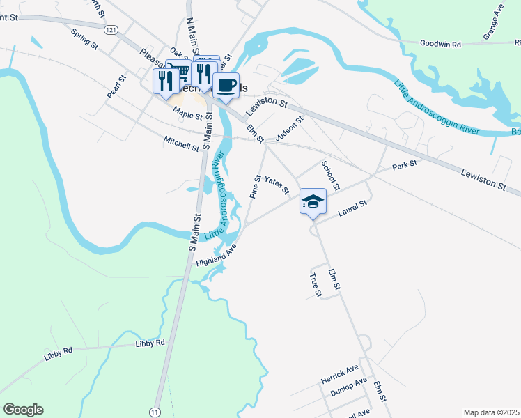 map of restaurants, bars, coffee shops, grocery stores, and more near 33 Highland Avenue in Mechanic Falls