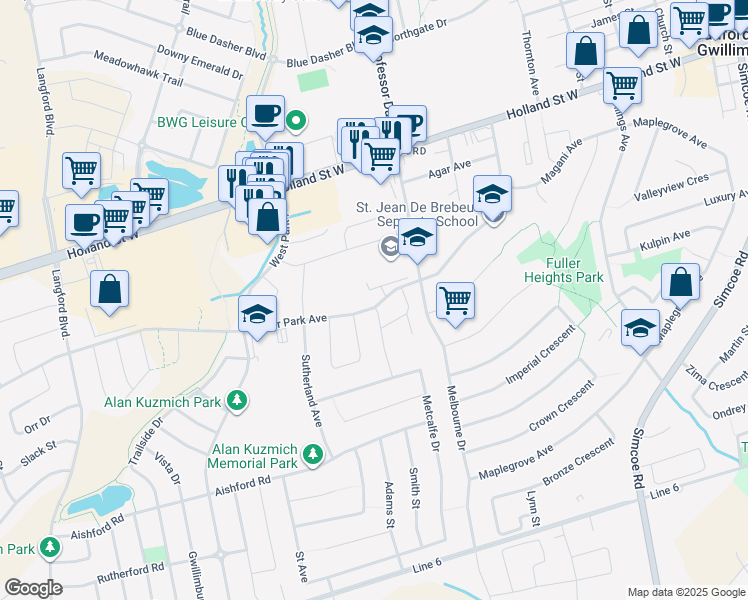 map of restaurants, bars, coffee shops, grocery stores, and more near 284 Miller Park Avenue in Bradford West Gwillimbury