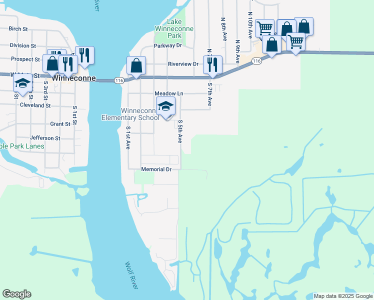 map of restaurants, bars, coffee shops, grocery stores, and more near 514 Memorial Drive in Winneconne