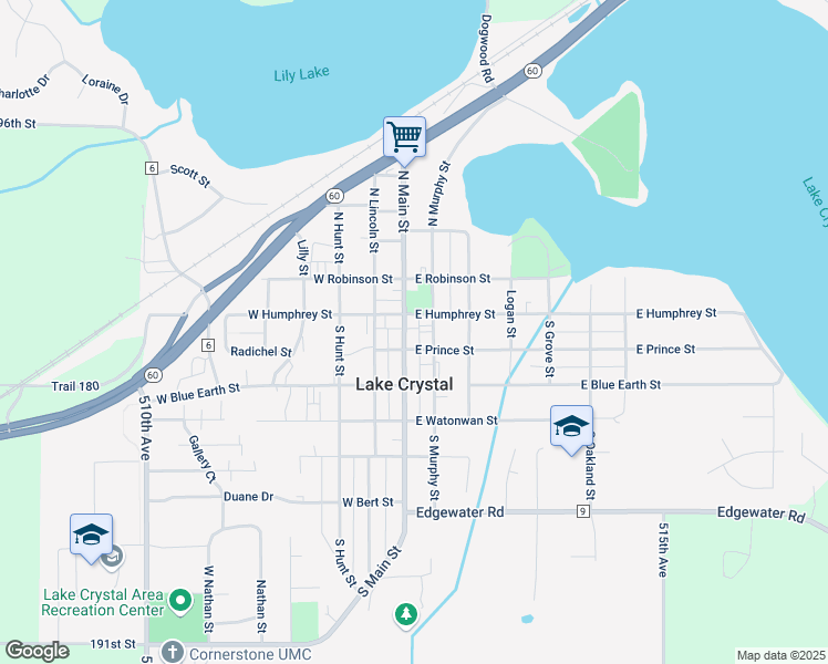 map of restaurants, bars, coffee shops, grocery stores, and more near 142 South Main Street in Lake Crystal