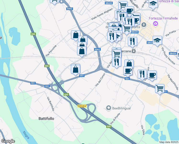 map of restaurants, bars, coffee shops, grocery stores, and more near 4 Via Variante Aurelia in Sarzana