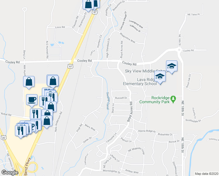 map of restaurants, bars, coffee shops, grocery stores, and more near 63537 Stacy Lane in Bend