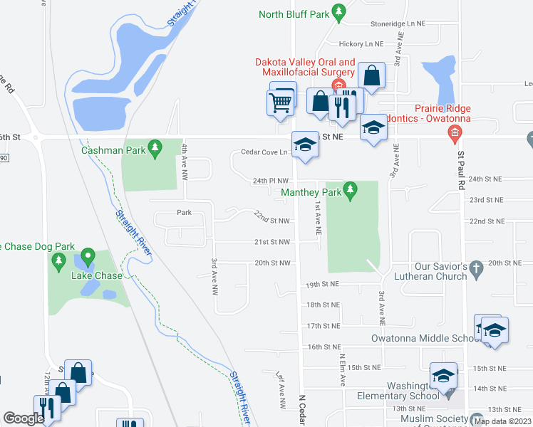 map of restaurants, bars, coffee shops, grocery stores, and more near 166 22nd Street Northwest in Owatonna