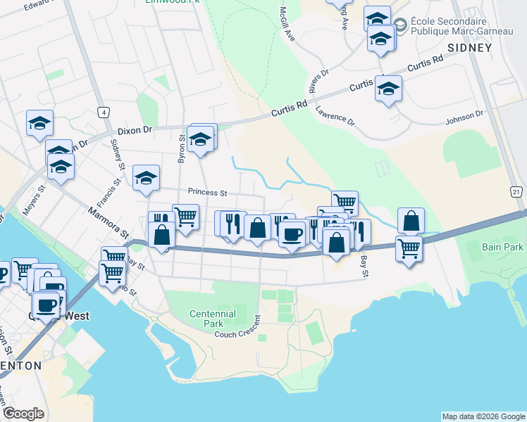 map of restaurants, bars, coffee shops, grocery stores, and more near 101 George Street in Quinte West