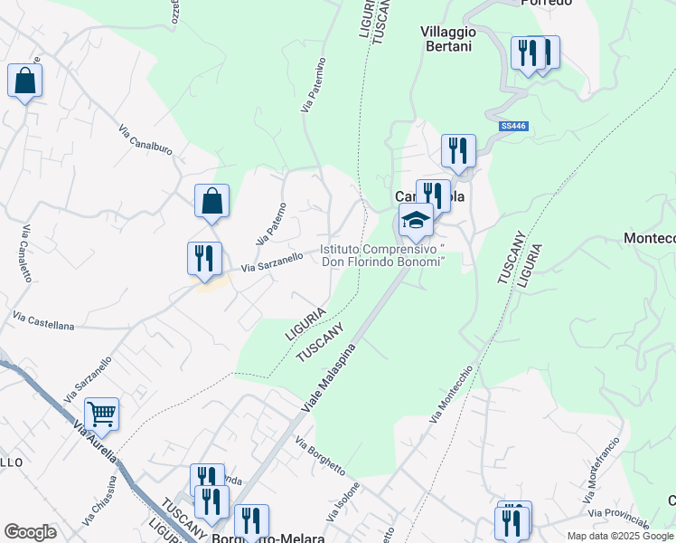 map of restaurants, bars, coffee shops, grocery stores, and more near 372 Via Sarzanello in Sarzana