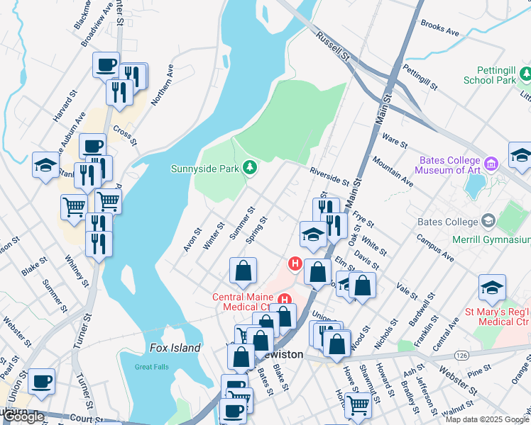 map of restaurants, bars, coffee shops, grocery stores, and more near 50 Whipple Street in Lewiston
