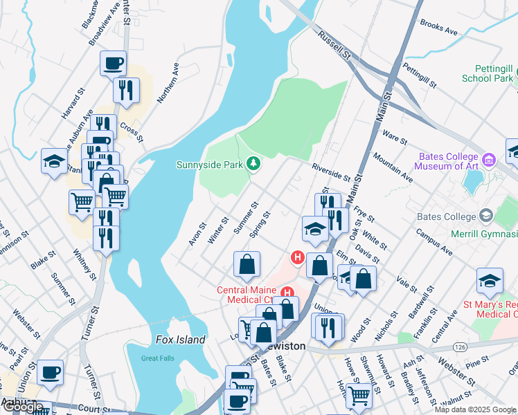 map of restaurants, bars, coffee shops, grocery stores, and more near 94 Spring Street in Lewiston