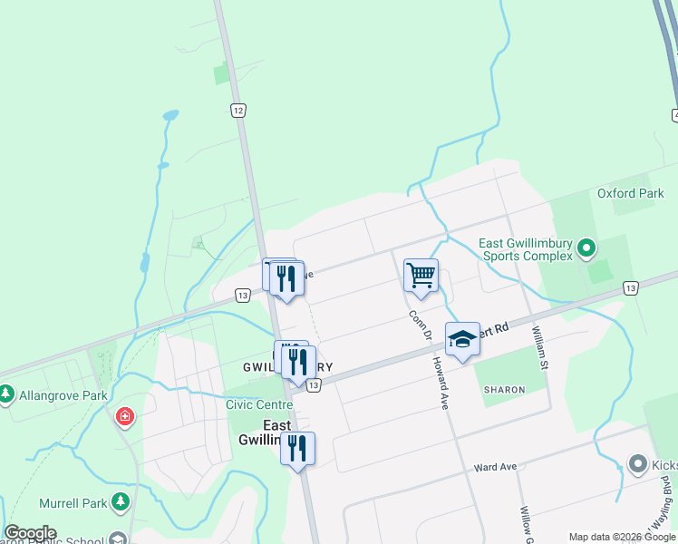 map of restaurants, bars, coffee shops, grocery stores, and more near 22 Sharon Boulevard in East Gwillimbury