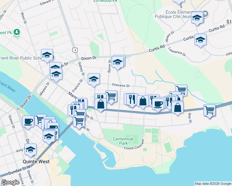 map of restaurants, bars, coffee shops, grocery stores, and more near in Quinte West