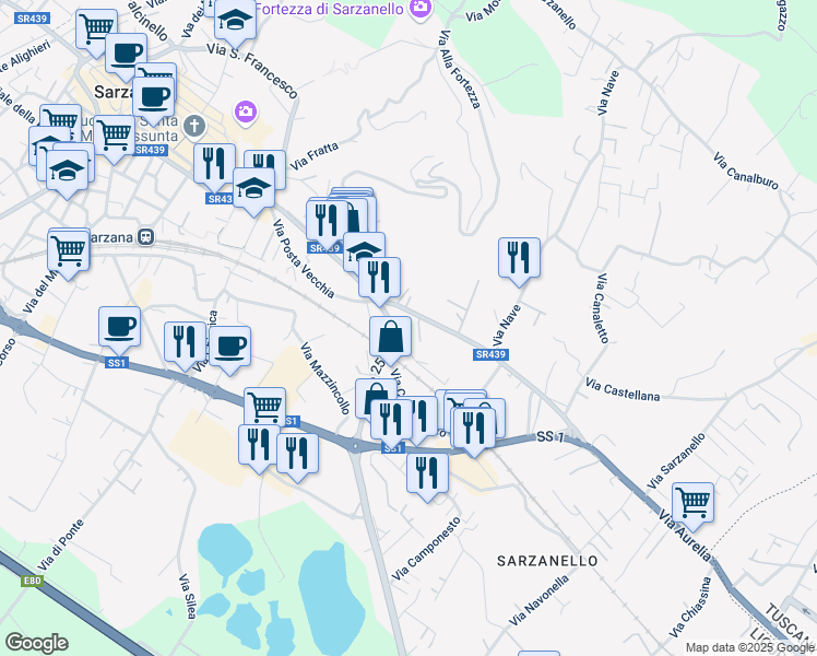 map of restaurants, bars, coffee shops, grocery stores, and more near Viale XXV Aprile in Sarzana