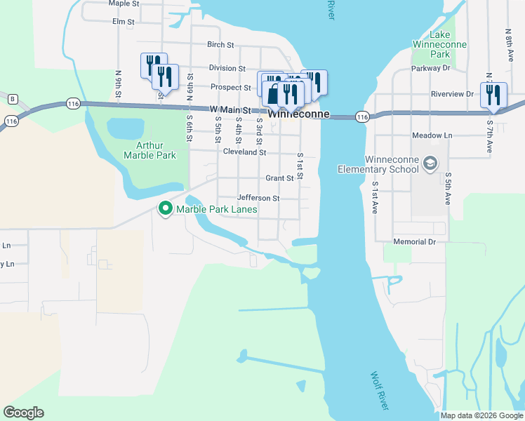 map of restaurants, bars, coffee shops, grocery stores, and more near 223 Lincoln Street in Winneconne