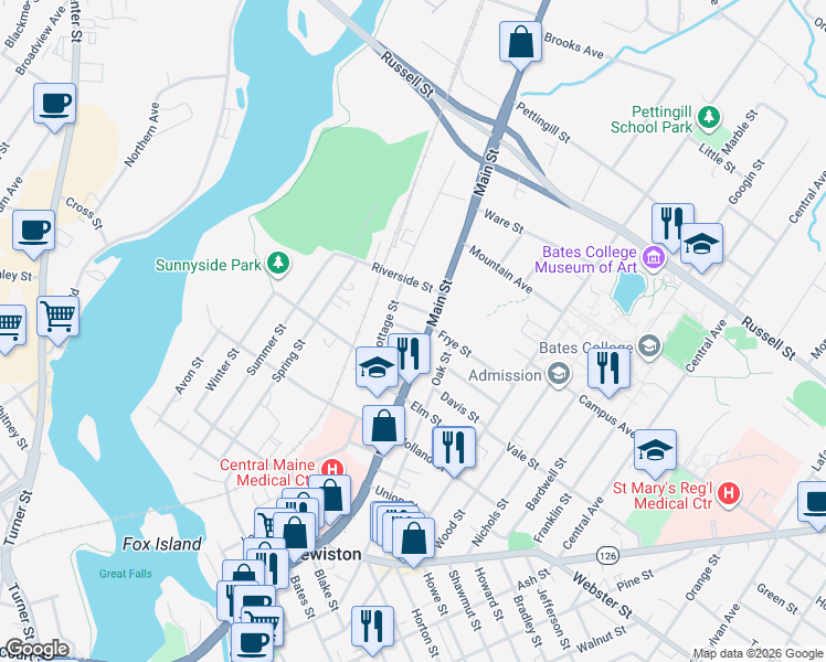 map of restaurants, bars, coffee shops, grocery stores, and more near 8 Arch Avenue in Lewiston