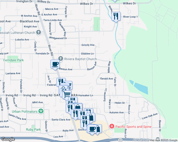 map of restaurants, bars, coffee shops, grocery stores, and more near 300 Myoak Drive in Eugene