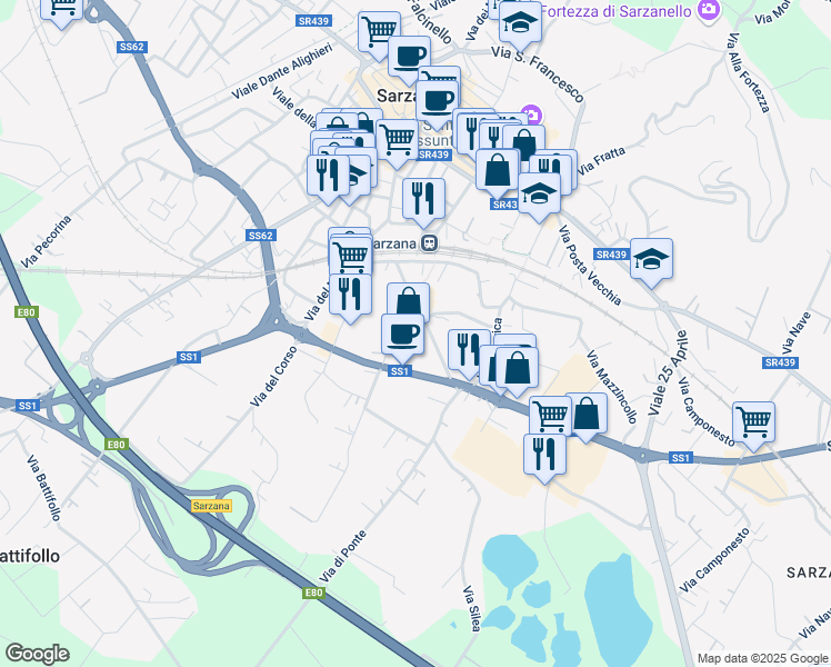 map of restaurants, bars, coffee shops, grocery stores, and more near 34 Via Privata Ghiggini in Sarzana